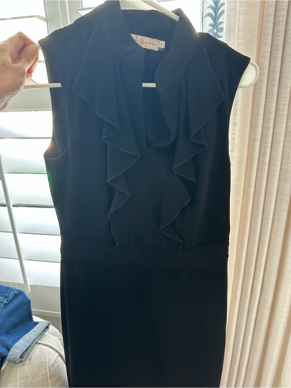 Tory Burch Black Sleeveless Ruffle-Front Sheath Dress